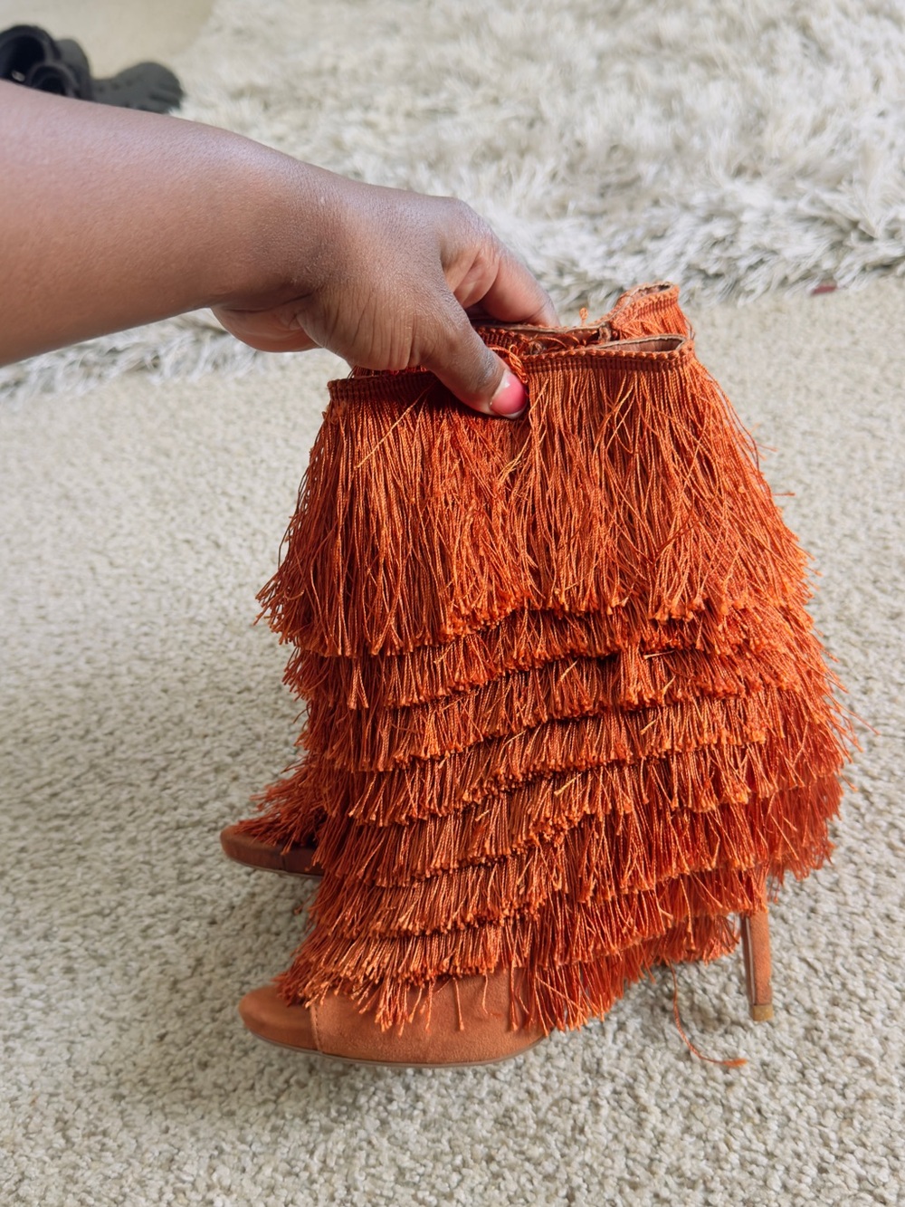 Women's Orange Fringe Peep-Toe Heels - Picture 3 of 3